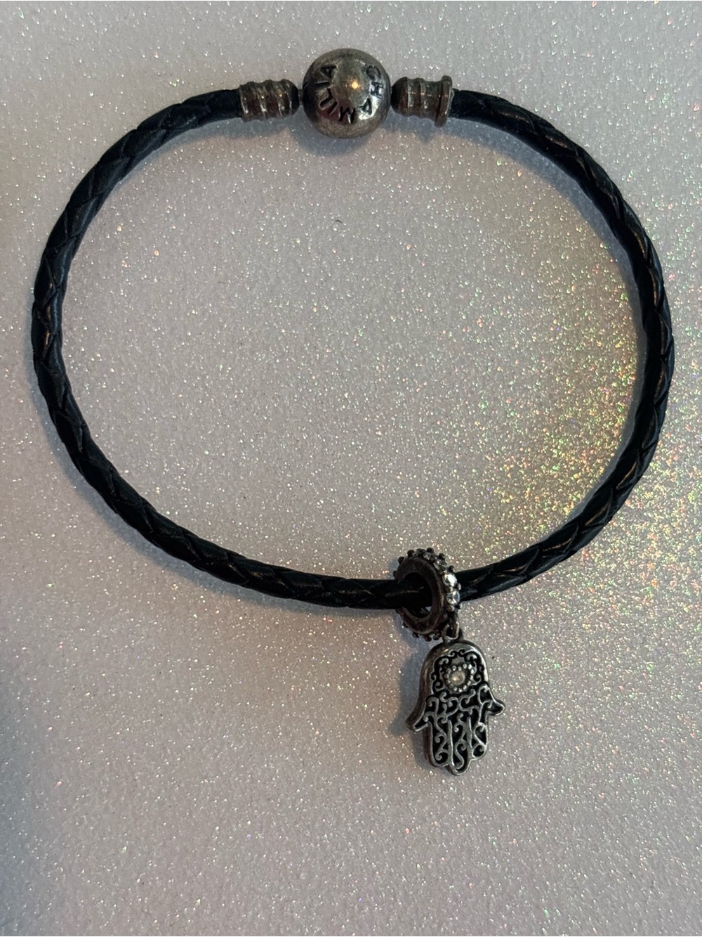 Chamilia Sterling Silver and Leather Bracelet w/ Hamsa Hand Charm